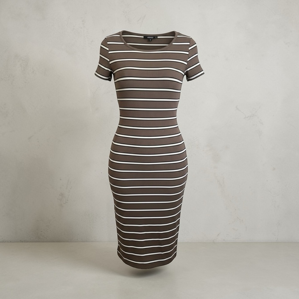 Derek Heart Brown and White Striped Short-Sleeve Midi Dress